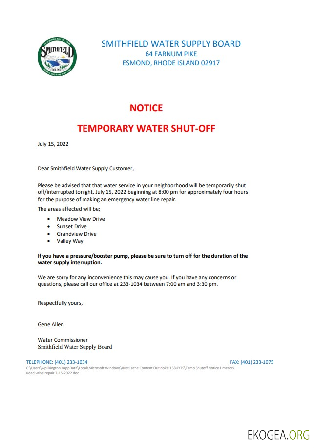 USA Rhode Island Smithfield water supply board water shut off notice, Word and PDF template